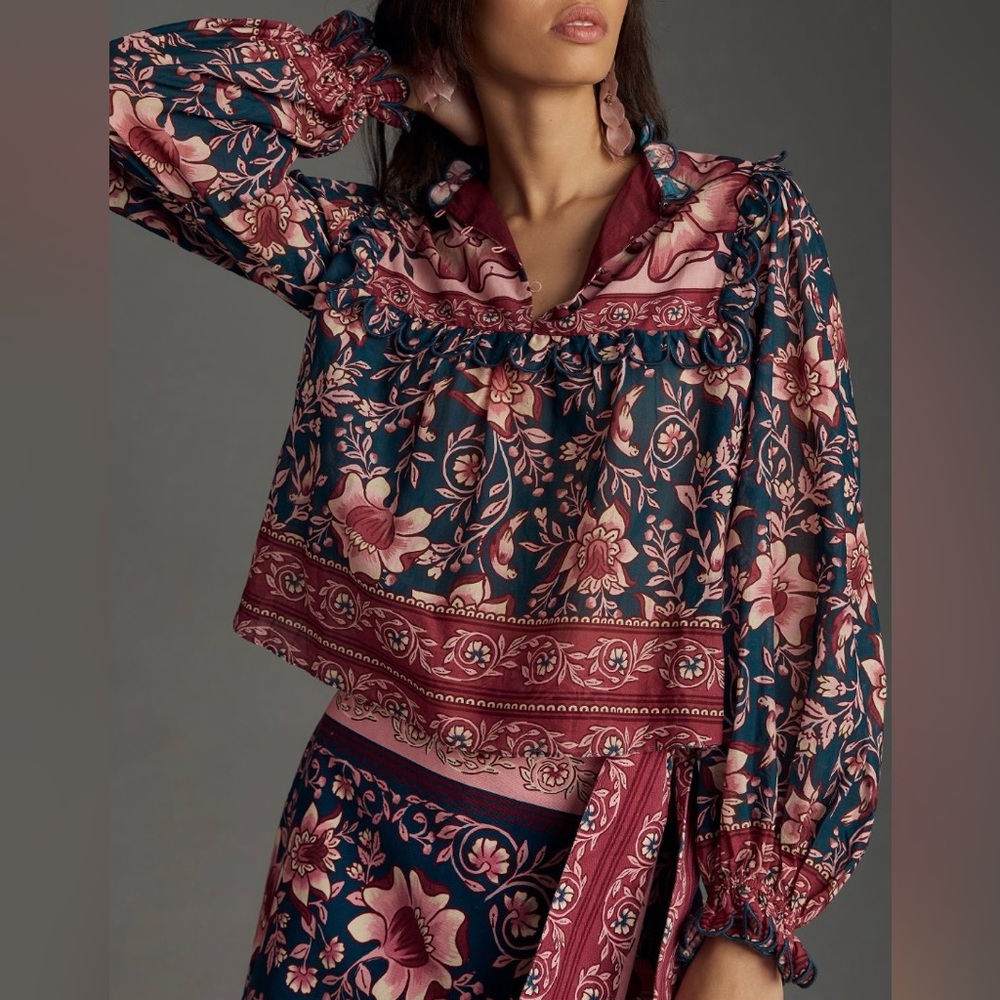 Farm Rio Ainika Charm Long Sleeve Blouse, Size S